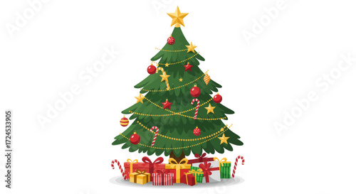 Festive Christmas tree with colorful ornaments, candy canes, and presents underneath, perfect for holiday designs and decorations