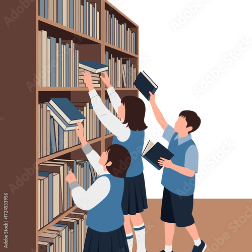 Children in uniforms choosing books from a library bookshelf