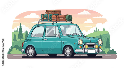 Vector illustration of a retro compact car in teal color, driving on a road with luggage and camping gear tied on the roof rack. The background shows rolling hills, trees, and a soft pastel sky with c