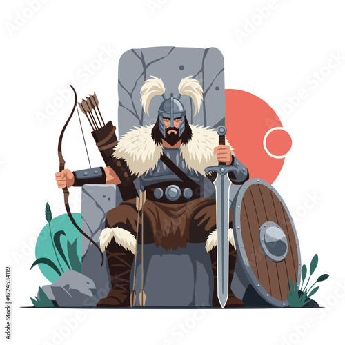 A powerful warrior king with a bow and sword sits on his throne.