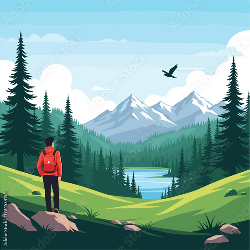 A lone hiker pauses on a hill overlooking a serene mountain lake and forest landscape.