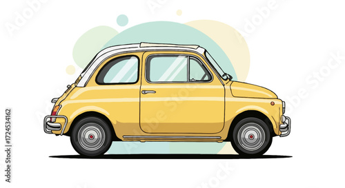 Flat vector illustration of vintage Fiat 500, side profile, pastel yellow with white roof