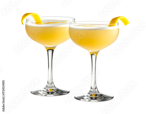 Two yellow cocktails, garnished with lemon zest, in elegant coupe glasses