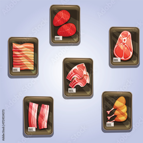 Cartoonish Illustration of Various Raw Meat in Packaging Container Sets