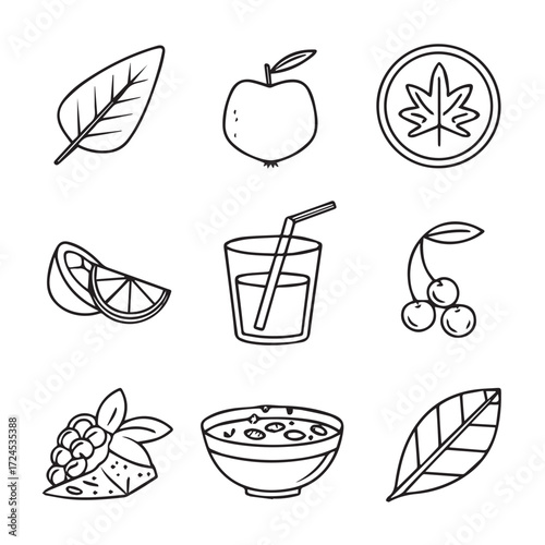 Illustration of various fruits and vegetables isolated on white background, featuring an apple, orange, grapes, and leafy greens, representing healthy eating and nutrition