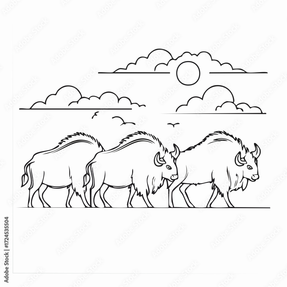 Fototapeta premium Illustrative Depiction of Bison Herd Walking Under a Cloudy Sky in a Peaceful Setting