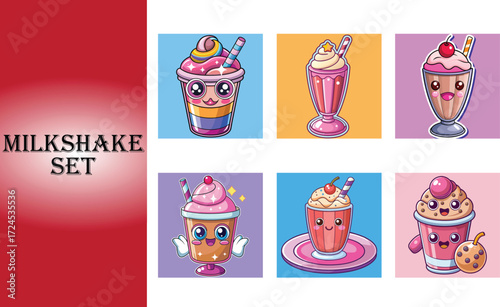 Sweet cartoon milkshake collection adorable dessert drinks full of fun and flavor vector set