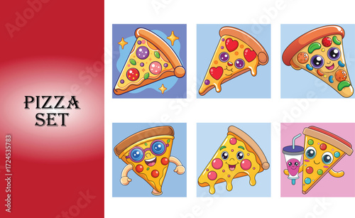 Delicious pizza slices with vibrant toppings a fun and appetizing food collection vector set