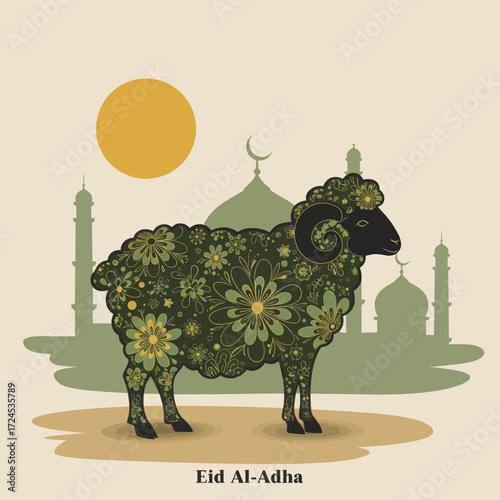 Eid Al-Adha Celebration Islamic Festival Vector Illustration with Decorative Ram and Mosque Silhouette