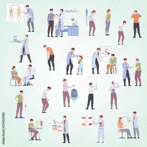 Flat Illustration Depicting Various Aspects of Diabetes Management and Healthcare