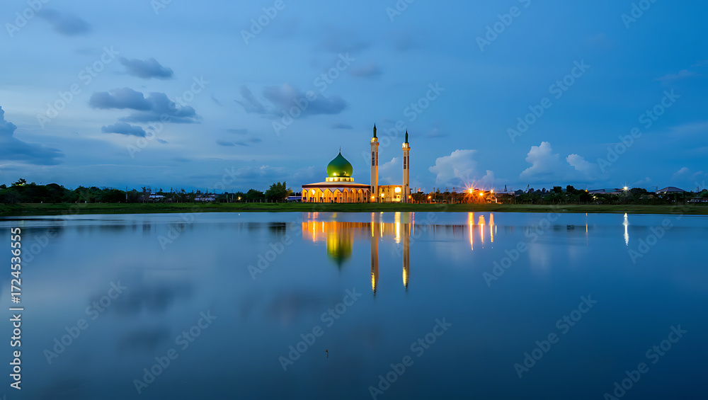 Naklejka premium Mosque illuminated at dusk with reflection in a calm body of water Islamic building isolated on a transparent background