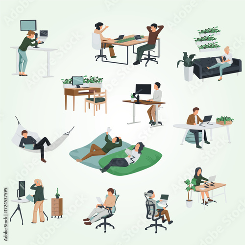 Flat Illustration People Working At Home And Enjoying Leisure Time