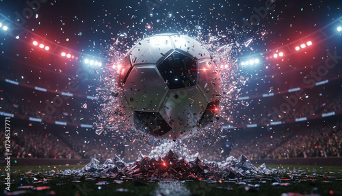 motion scene of Soccer in Stadium, atmosphere, glowing red and blue lights with glistening specular highlights.