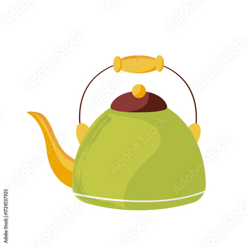Traditional cast iron teapot. Green teapot with yellow handle. Green teapot with gold decor.