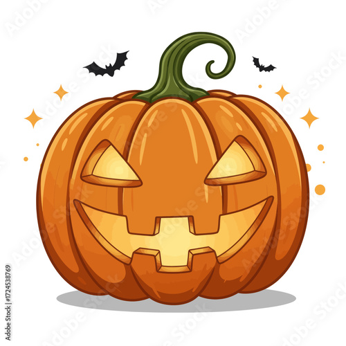 Happy Halloween jack-o'-lantern pumpkin with spooky bats and sparkling lights vector illustration