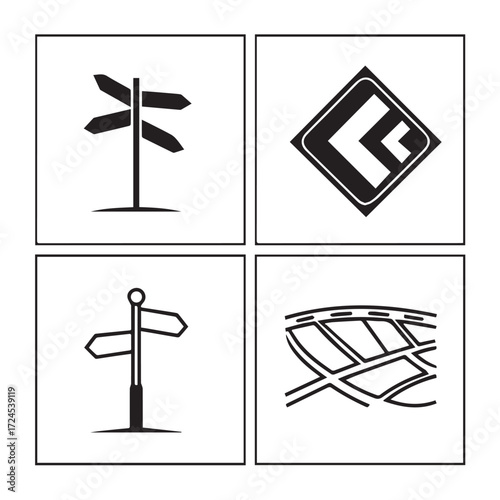A collage of four black and white icons isolated on white background, featuring a signpost, a directional arrow, a road map, and a signpost with two arrows pointing in opposite directions