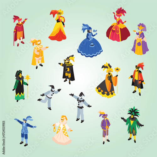 Colorful Flat Illustration of Carnival Masquerade Costume and Mask Character Collection
