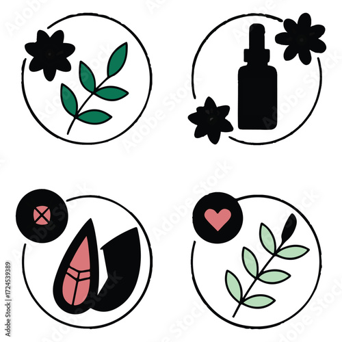 A collection of four botanical and cosmetic icons isolated on white background, featuring leaves, flowers, a dropper bottle, almonds, and a heart, all within circular frames