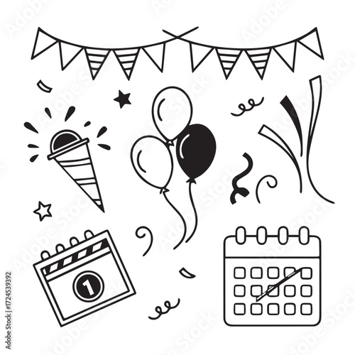 A festive doodle collection isolated on white background, featuring party decorations, balloons, confetti, a party popper, a film slate, and a calendar, all in a whimsical style