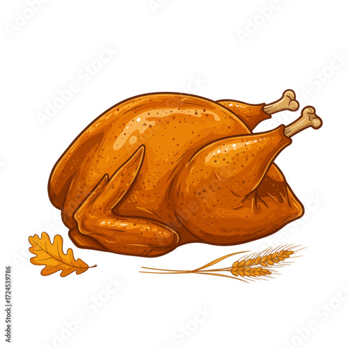 Appetizing Roasted Turkey Illustration with Fall Decorations - Perfect for Thanksgiving and Holiday Designs