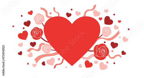 Valentine's Day vector illustration with red heart, roses, ribbons, and hearts