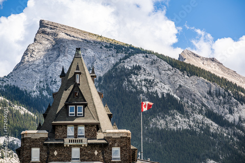 Mount Rundle with the Fairmont Banff Springs Hotel’s tower in the foreground