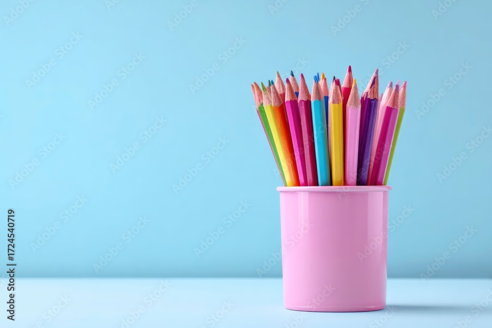 Obraz premium Colored pencils in a pink cup against a blue background