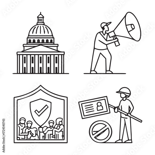 Government and activism icons isolated on white background depicting political buildings, protest, and community engagement, emphasizing civic participation and advocacy for social change