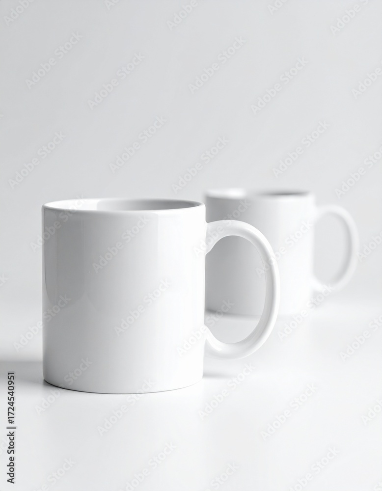 Obraz premium Two minimalist white ceramic mugs against a pristine, bright background, offering a clean template for branding, custom designs, and beverage display mockups