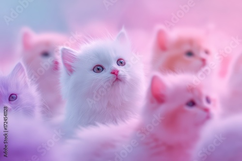 A whimsical, eye-level video still of fluffy white and pink kittens