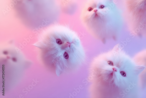 A whimsical, eye-level video still of fluffy white and pink kittens
