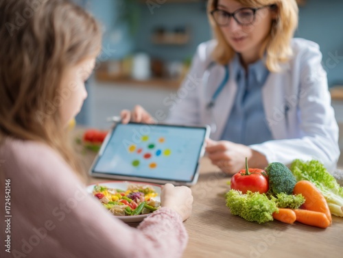 Professional Child Nutritionist Consulting Client with Balanced Diet Plan Modern Healthy Lifestyle Guidance for Family Wellness Marketing and Social Media