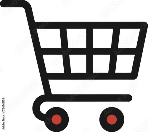Illustration of a black shopping cart with red wheels on a white background.