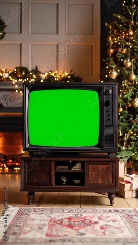 Vintage television with green screen and Christmas tree in a festively decorated room ready for holiday celebration