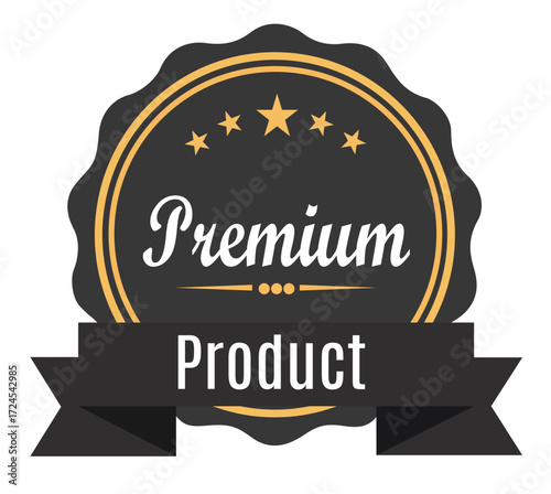 Elegant premium product vintage badge with five stars and a ribbon, signifying quality, award, and guaranteed excellence