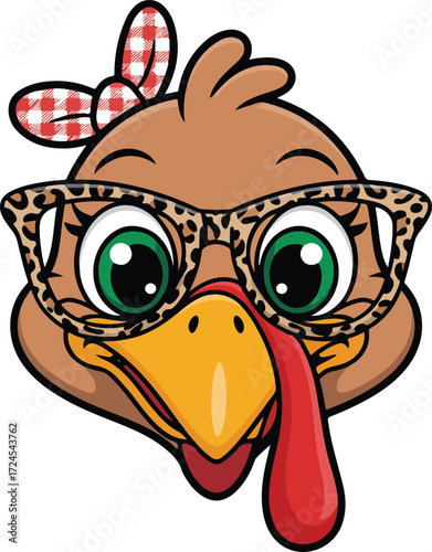 Cartoon turkey head wearing leopard print glasses and red checkered bow looks humorous against white