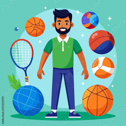 Modern Professions in Lifestyle & Health A Sporty Figure Surrounded by Fitness Equipment