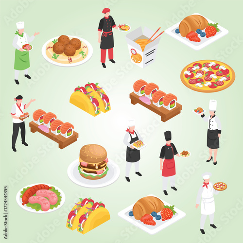 Isometric Illustration of Global Cuisine with Chefs Serving Various Dishes