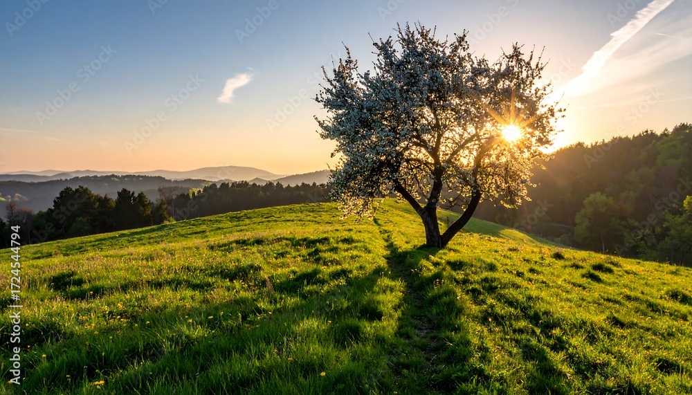 Fototapeta premium Sunrise over a hill with blossoming tree