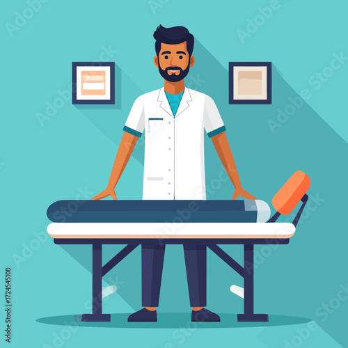 Male professional embodying Modern Professions in Lifestyle & Health, standing by a therapy table, prepared to offer health and wellness support