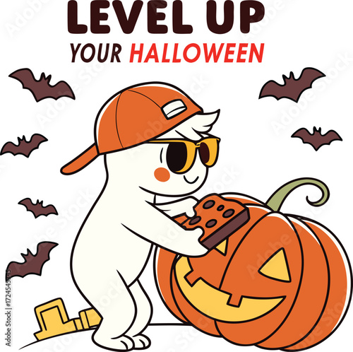 Level Up Your Halloween: Gamer Ghost & Pumpkin Graphic