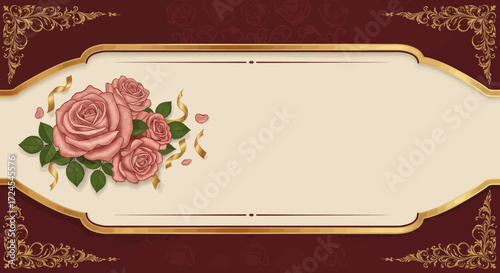 Elegant Floral Frame Design with Roses and Gold Accents for Invitations and Greetings