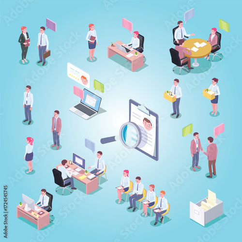 Isometric Job Search and Human Resource Management People Illustration Background