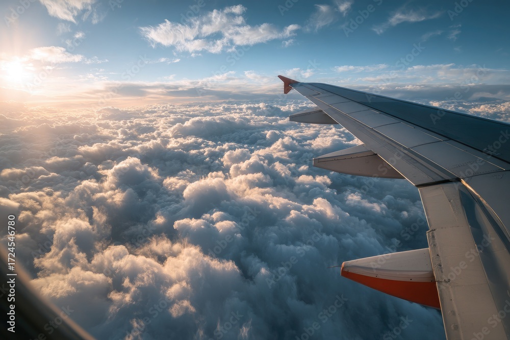 Fototapeta premium Airplane wing over a vast cloud field at sunset
