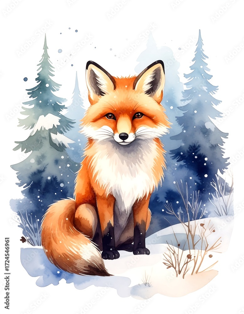 Fototapeta premium Watercolor fox in snowy forest