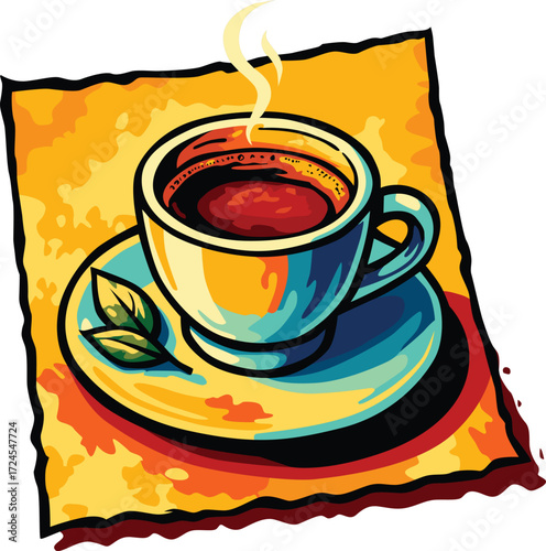 Colorful editable EPS of a steaming cup of coffee on a saucer with fresh leaves, placed over a warm textured background. Perfect for cafe branding, menu covers, posters, or packaging themes.