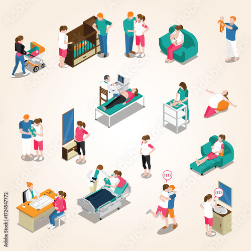 Isometric Pregnancy and Maternity Scenes Collection Set Illustration in Detailed Style