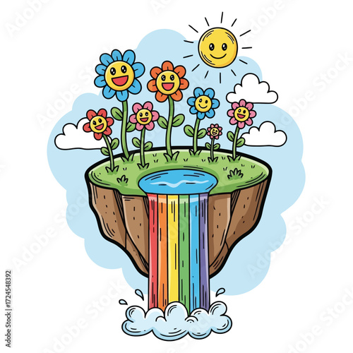 Vector illustration of floating island with happy flowers, rainbow waterfall, and smiling sun