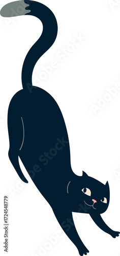 Black cat stretching with grey tail