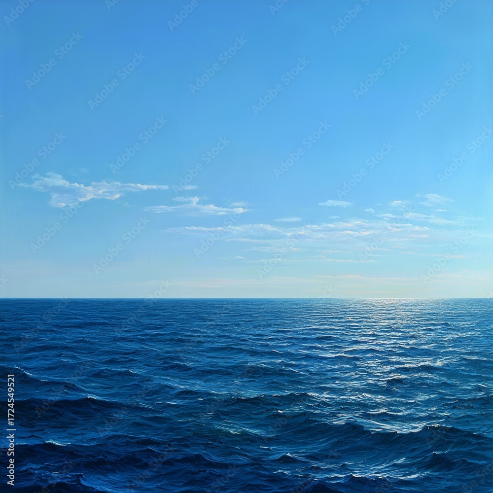 Obraz premium Serene blue ocean stretching under clear sky, calm water symbolizing tranquility, freedom and endless possibilities